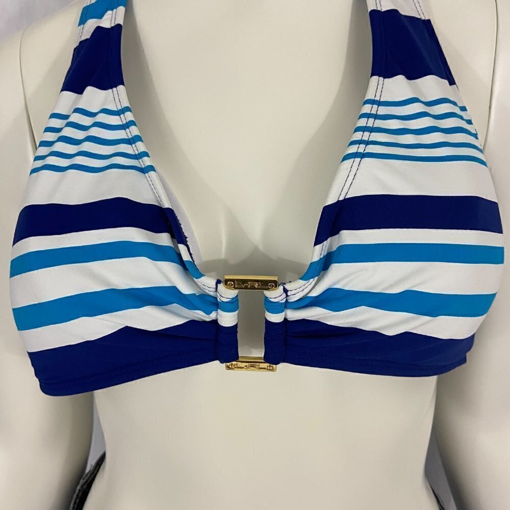 Ralph Lauren Striped Ring-Front Halter Bikini Top Blue & White Stripes Sz 14 NWT - Picture 2 of 9
